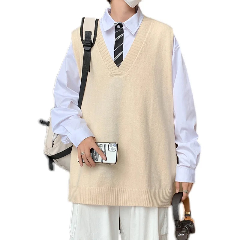 saferido Sweater Vest Men V-neck Solid Leisure Loose All-match Streetwear Sleeveless Sweaters Mens Knitted Korean Style Waistcoat