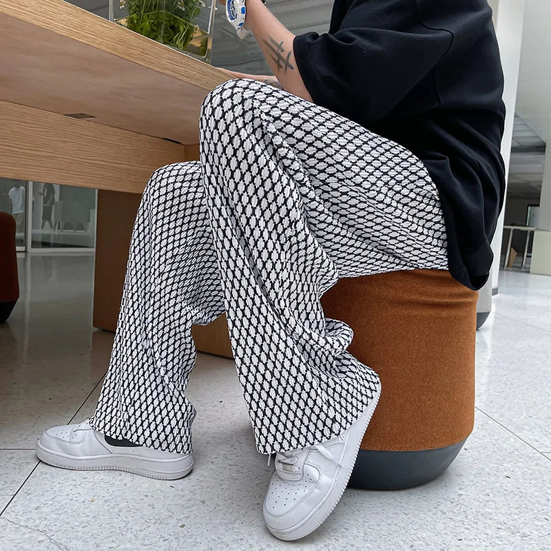 saferido Summer Ice Silk Pants Men Oversized Retro Plaid Pants Men Japanese Streetwear Loose Wide Leg Pants Mens Pleated Trousers M-5XL