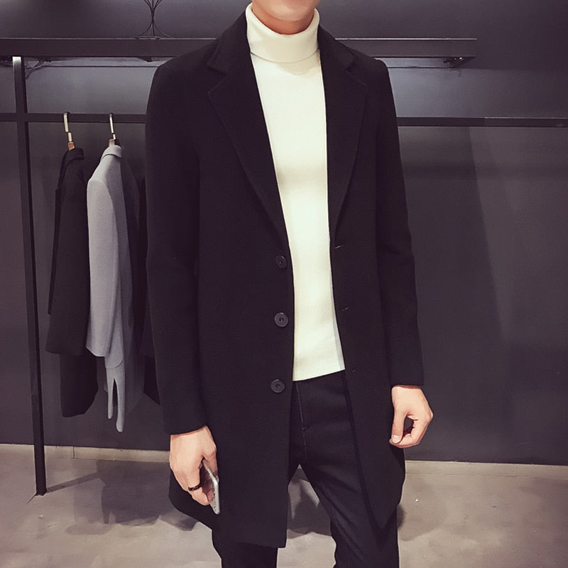 Men Long Cotton Coat Autumn Winter New Wool Blend Pure Color Casual Business Fashion Slim Windbreaker Jacket Men Clothing