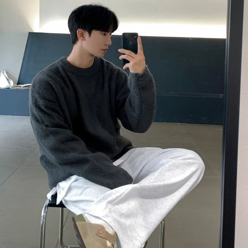 Winter Round Collar Mohair Solid Color Sweater Loose Korean Style Vintage Kintted Sweater Pullover Men Clothing