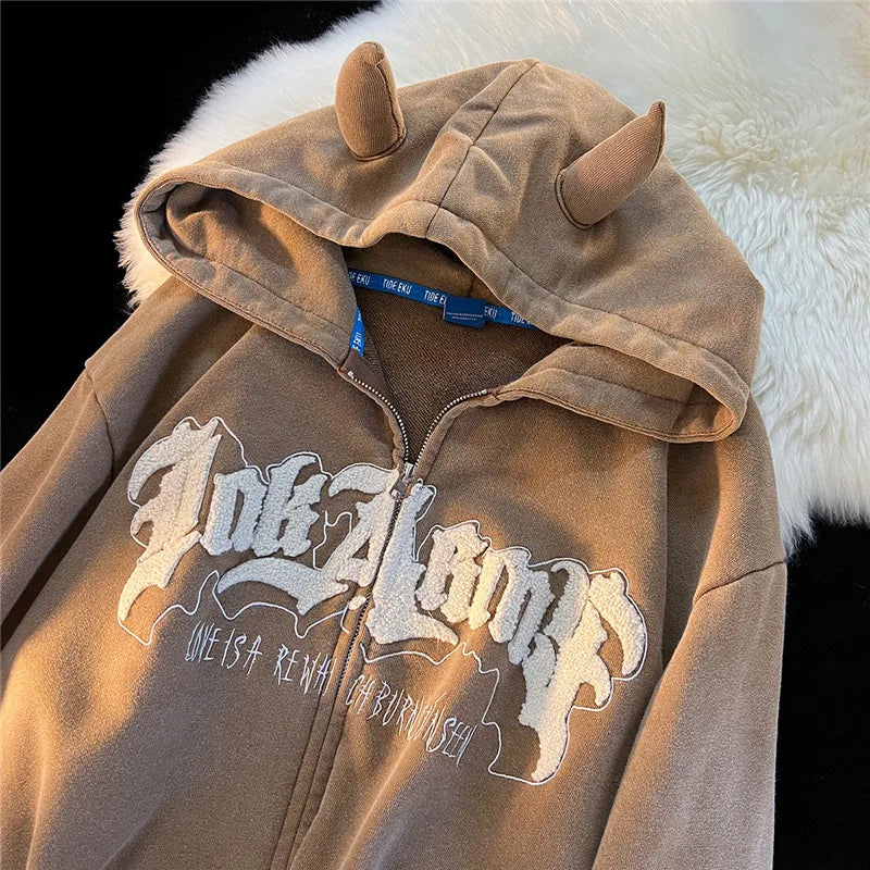 saferido Y2k Little Cute Devil Horns Zip Up Hoodie Women Men Fall Long Sleeve Flocking Letter Hoodies Casual Zipper Oversized Jacket Coat