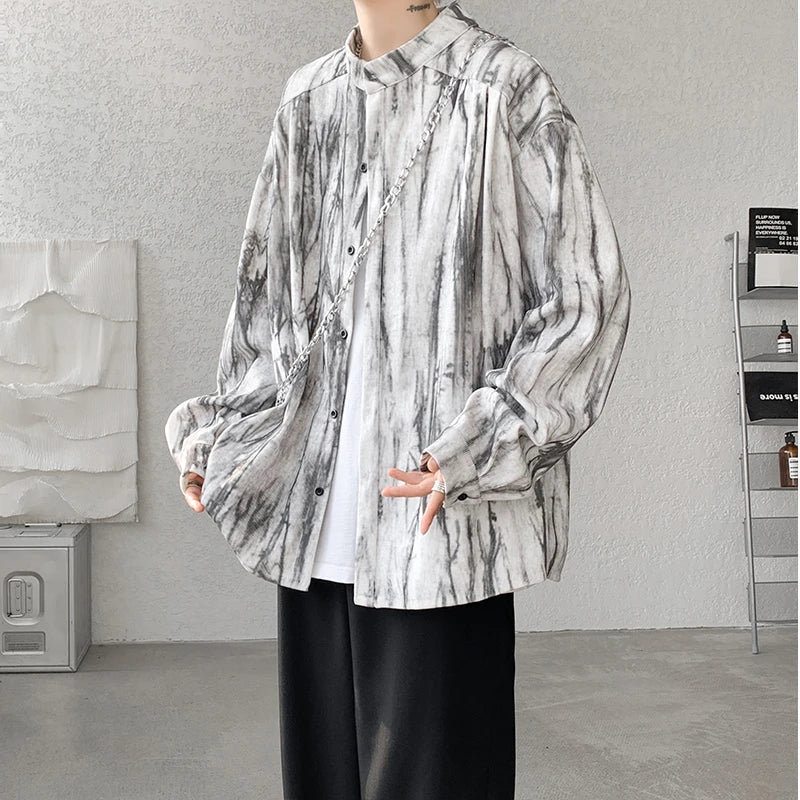saferido Stand Collar Tie-dye Shirt Men Handsome Long Sleeve Men's Clothing Spring Autumn Korean Loose Streetwear Casual Shirts