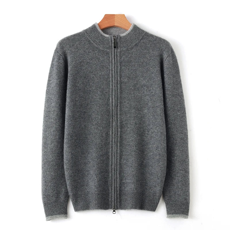 Autumn/Winter New 100% Pure Cashmere Sweater Men's Half High Neck Knitted Zippered Cardigan Solid Color Wool Top Coat