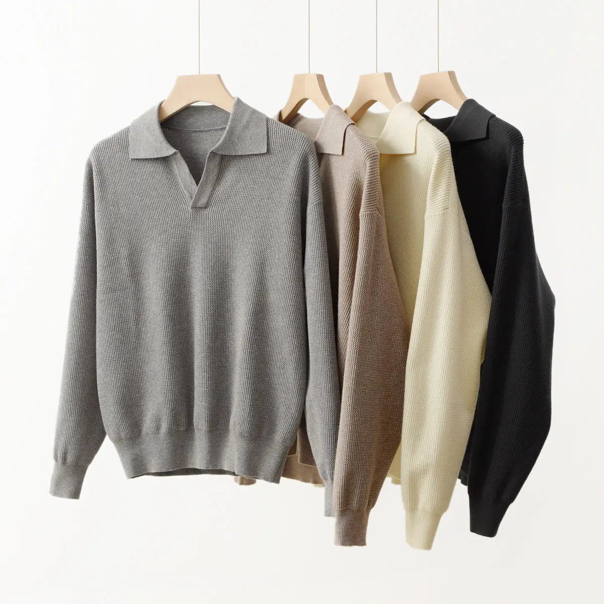 Designed Winter Small V-neck Pullover Knitted Sweater Men Retro Polo Collar Loose High-end Simple Solid Color Vintage Sweater
