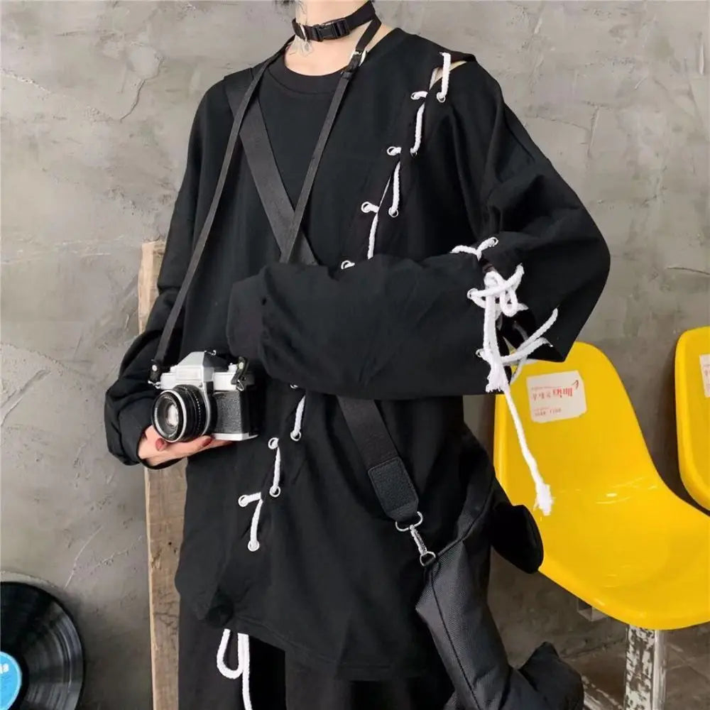 saferido 2024 New Mans Japanese Fashion Men's Street Style Lace Hoodie Punk Loose Fit Pullover Designer Colorful Hip Hop Sweatshirts