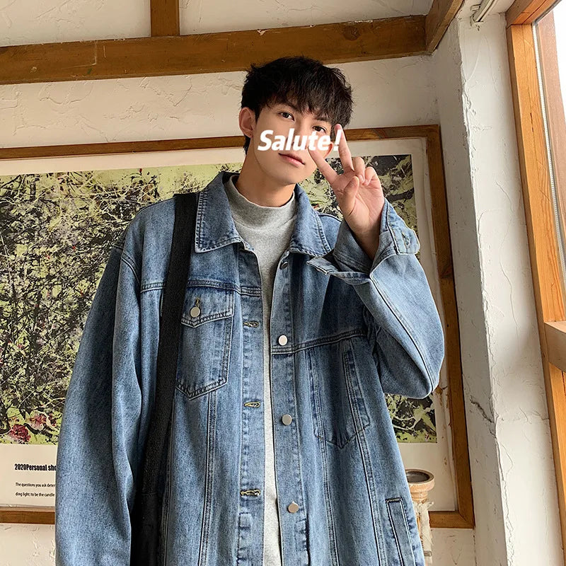 New Jacket Men's Spring and Autumn Denim Coat Korean Version On Clothes Young Student Lapel Fashion Casual Loose Tide Men