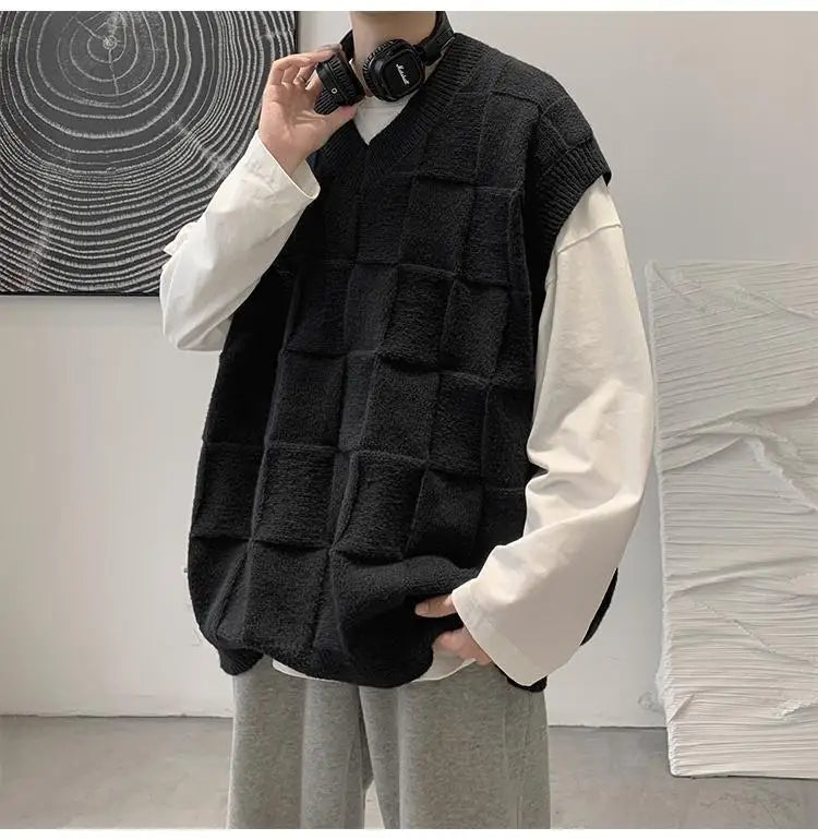saferido Spring Autumn Fashion Solid Casual Pullover Tess Vest Men Loose Knitted Top Student Preppy Style Sweater Gentle Retro Patchwork