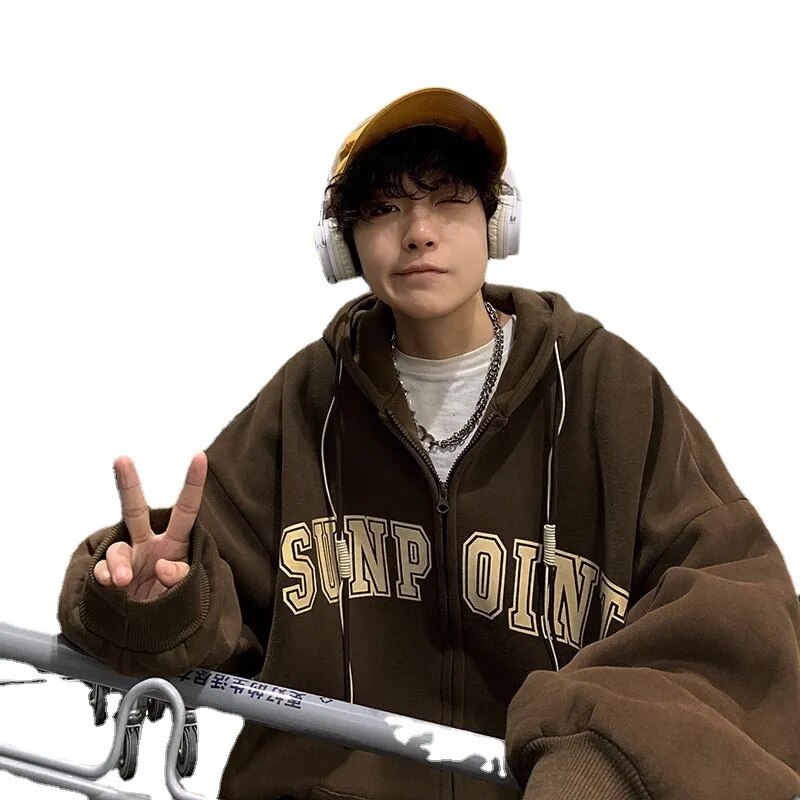 Autumn Men Zipper Hoodies Casual Loose Plus Size Coat 2023 Grey Oversized Pocket Outerwear Streetwear Harajuku Zip Up Sweatshirt