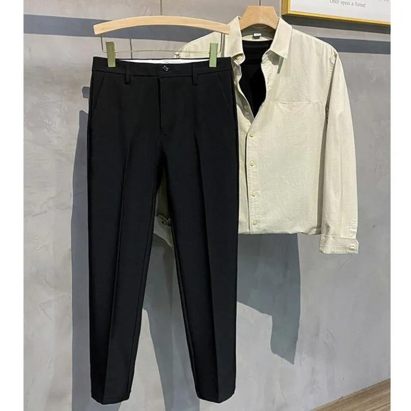 saferido Korean Style Fashion Ankle Length Suit Pants Men High Waist Solid Blue Black Gray Casual Straight Adjustable Waist Trousers