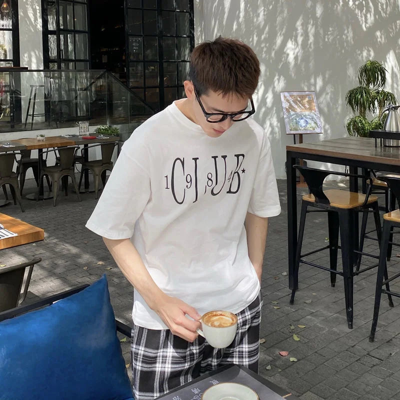 saferido Summer Men's Korean Style Casual Printed T-shirts Short Sleeve Round Neck T Shirts Green/white Color Top Clothes Tshirts