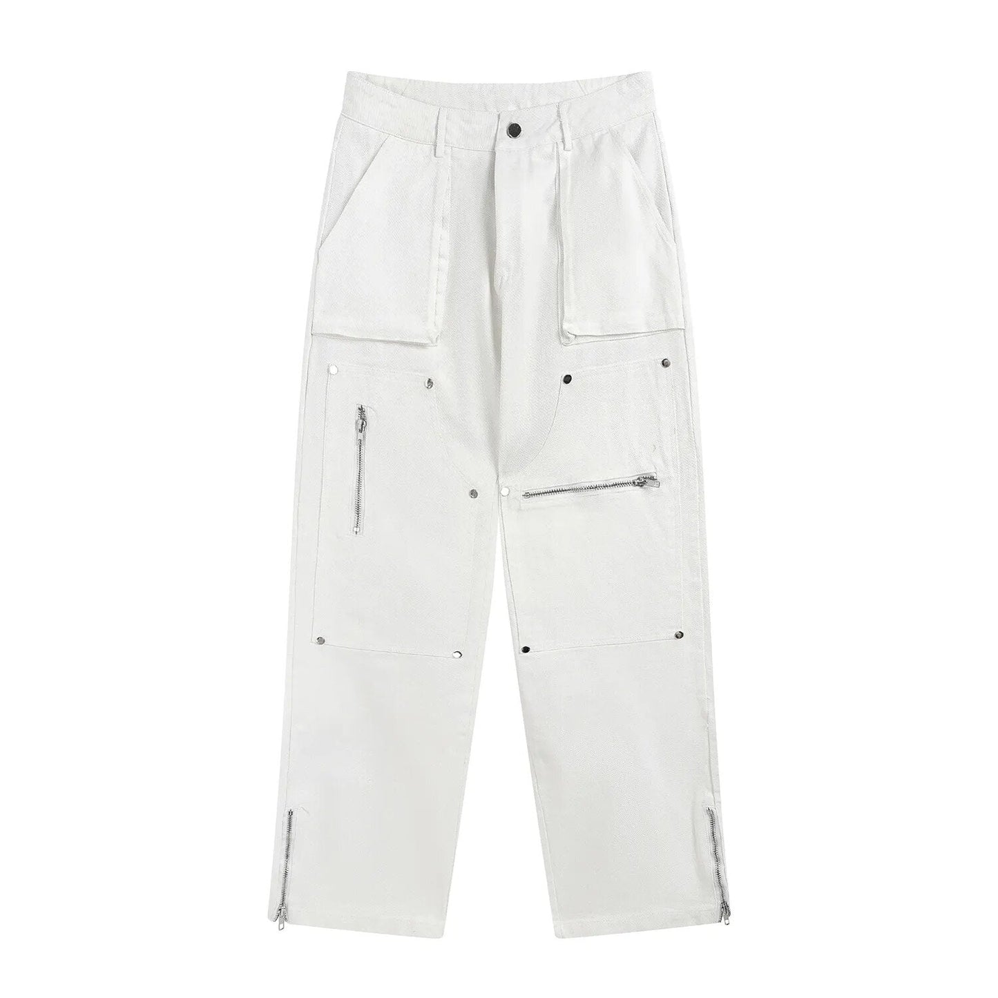 Hip Hop Vibe Heavy Functional Cargo Trousers for Men Fashionable Rivets Zipper Split Adjust Micro Flare Pants White Male Clothes