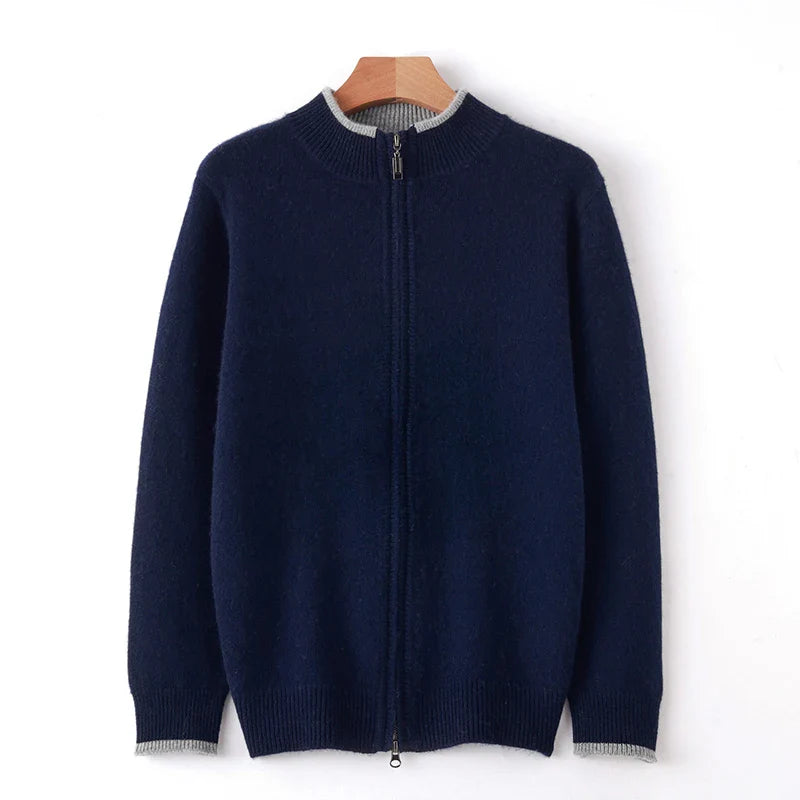 Autumn/Winter New 100% Pure Cashmere Sweater Men's Half High Neck Knitted Zippered Cardigan Solid Color Wool Top Coat