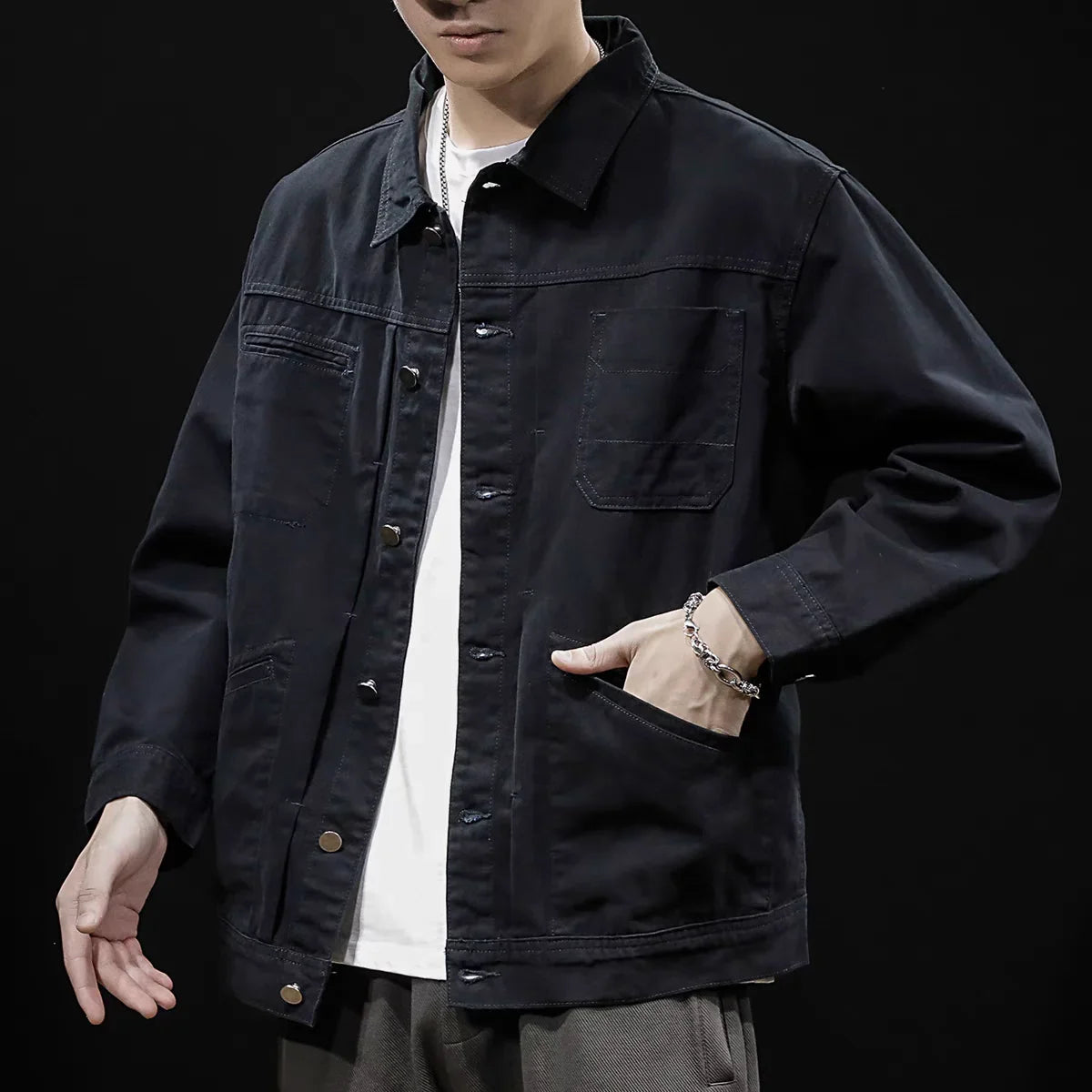Vintage Men's Denim Jackets Spring Casual Solid Single Breasted Pocket Top Chic Loose Patchwork Oversize Cargo Jackets New