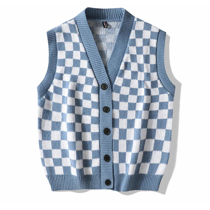 Men's Plaid Sweater Vest Sleeveless V-Neck Button Cardigan Vest Fashion Office Knitted Vest Classic Fit Tank Tops