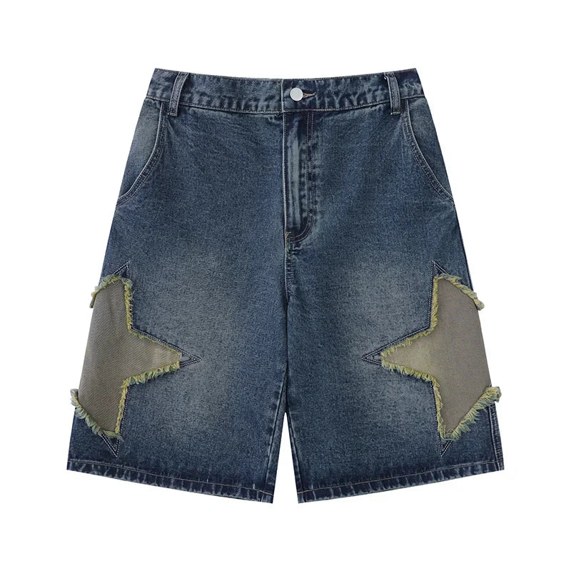 saferido Patch embroidered denim shorts for men's summer American high street capris casual breeches loose fitting youth pants