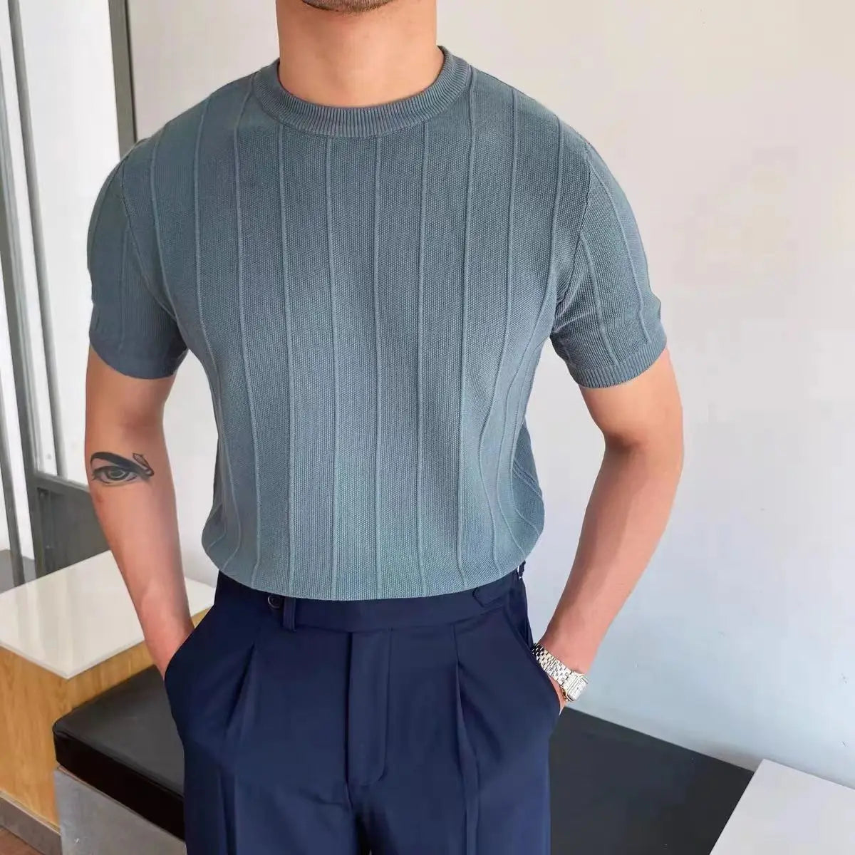 Summer Men Knit Ice silk T shirts High Quality Solid Color Stripe Short sleeve O-neck Tee Tops Mens Thin Slim Fit T-Shirts