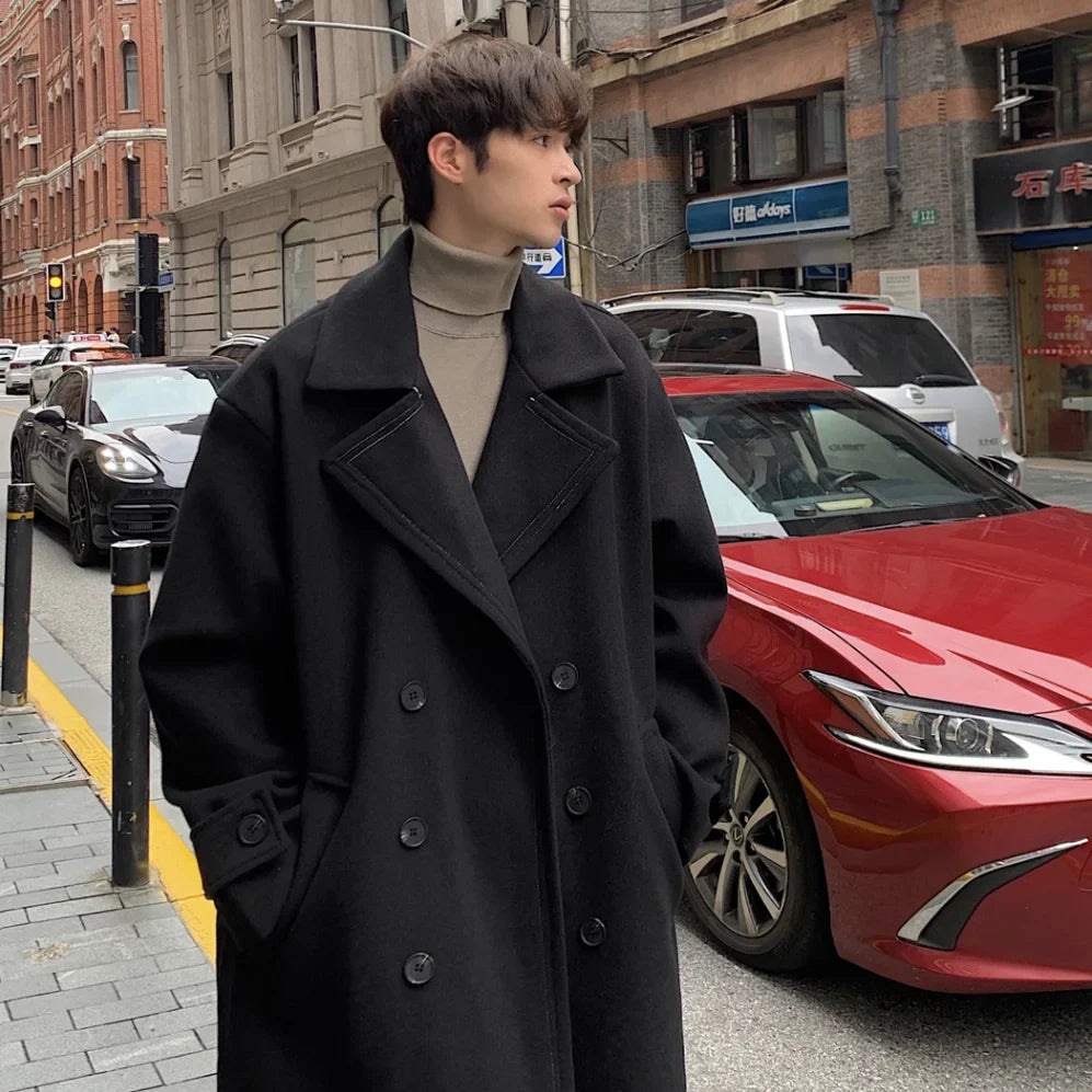 saferido Winter High Quality Woolen Trench Coats Men Korean Style Luxury Male Casual Trenchcoat Men's Streetwear Gray/Khaki/Black