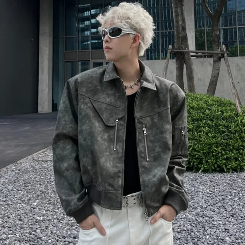 saferido Mens Cropped PU Leather Jacket Fashion Turn-down Collar Gradient Color Retro Coat Zipper Men's Motorcycle Outwear Spring Pink