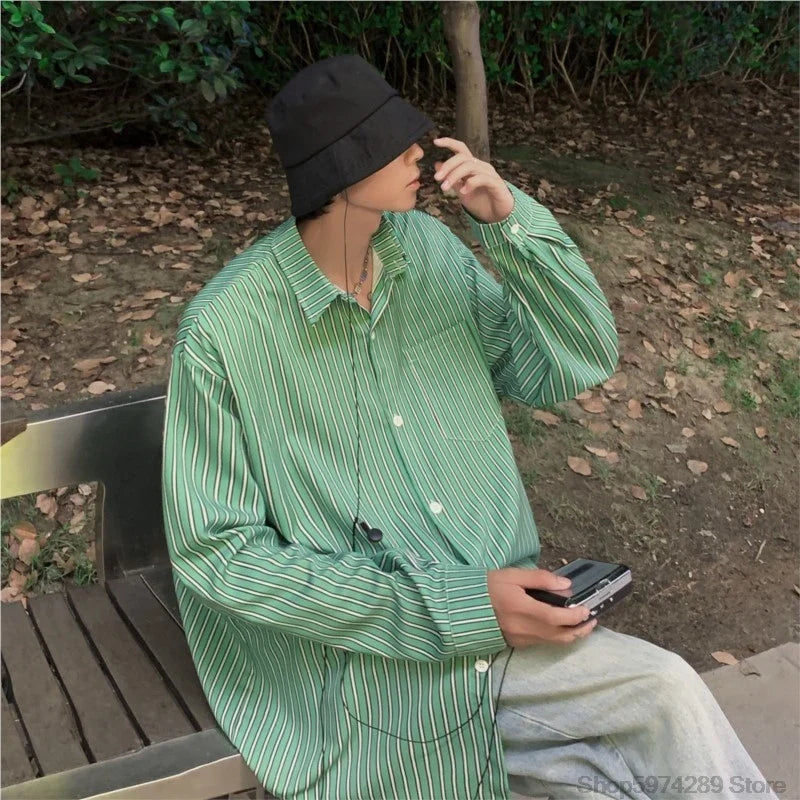 saferido Striped Loose Causal Long Sleeve Shirts Man Button Handsome Turn-down Collar Spring Autumn Office Men's Clothing Green