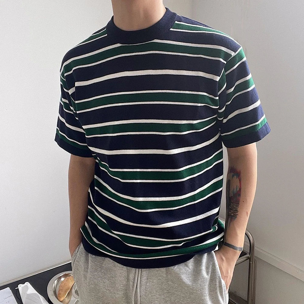saferido Mens Japanese Striped Casual Knitted Short-Sleeved T-Shirt Genderless Fashion Personalized Versatile Retro Loose T-Shirt Unisex