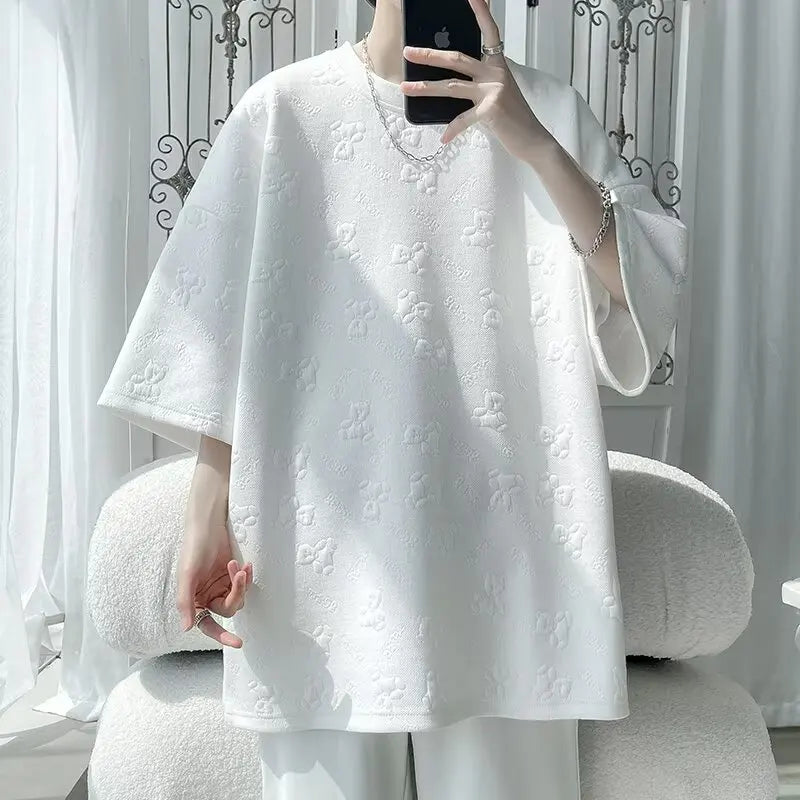 saferido Fashion Short Sleeve T-shirts Men Jacquard Korean Couples Youthful All-match Y2k Tops Harajuku Streetwear Unisex Mens Clothing