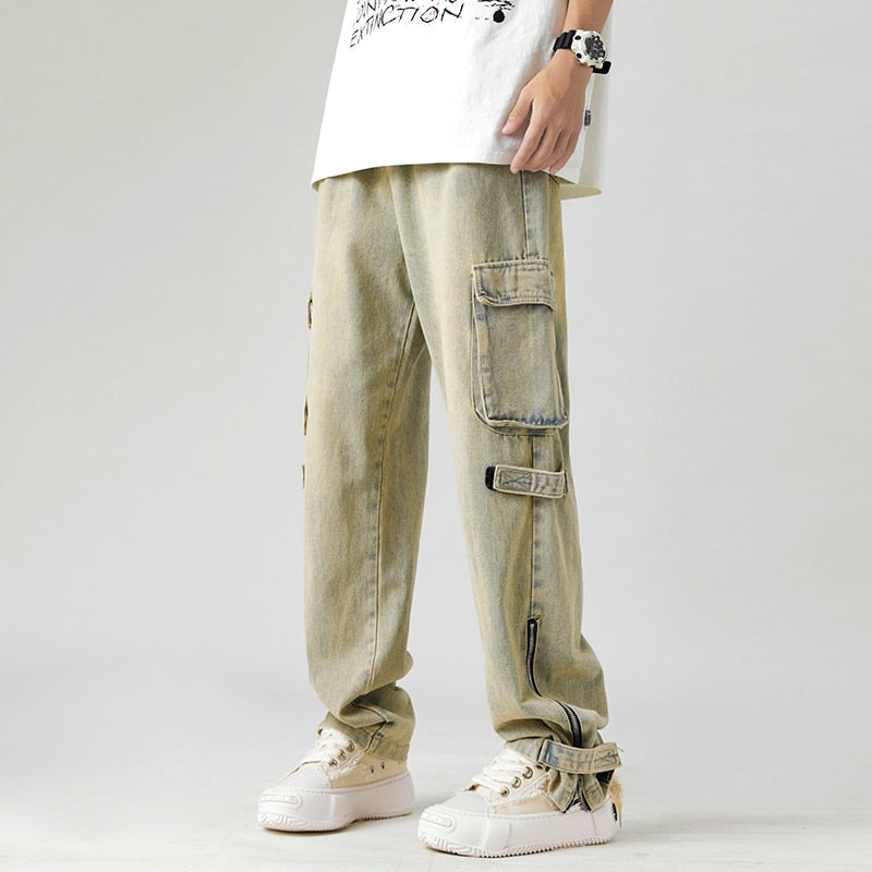 Fashion Pocket Zipper Men's Jeans Neutral Wide Leg Denim Trousers Loose Straight Jeans Youth Casual Neutral Hip Hop Pants