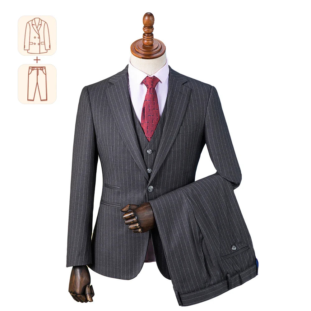 saferido Premium Suit British Striped for Men's Business Formal Dress, Wedding, and Groom, Slim-fit Coat Vest & Pants