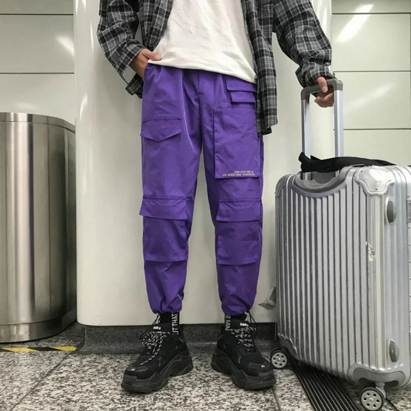 saferido Purple Men Cargo Pants Spring Loose Hip Hop Joggers Trousers Pockets Overalls Fashion Student Sweatpants Korean Male Streetwear