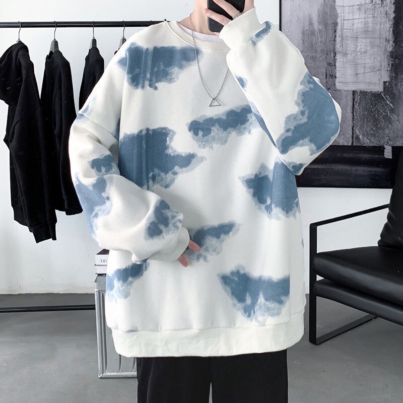 Cloud Graphic Men Oversized Sweatshirts Autumn Korean Round Neck Pullovers Streetwear Casual Unisex Tops