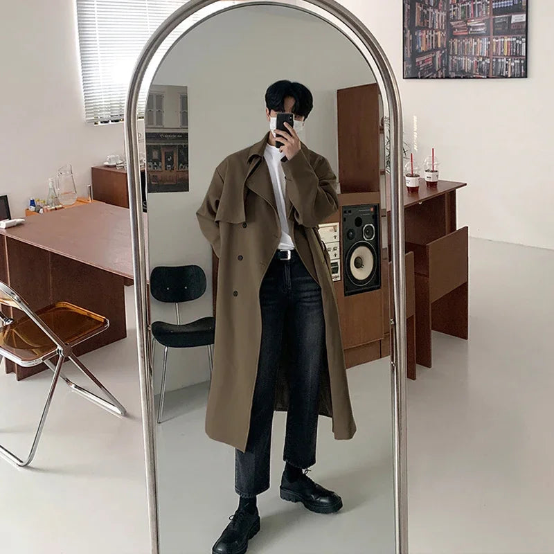 saferido British Style Trench Men Solid Double Breasted Oversize Long Coats Stylish Outwear Hombre Korean Style Streetwear BF Windbreaker