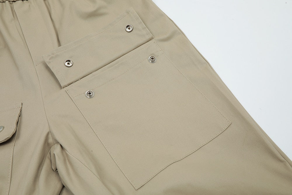 Side Ankle Button Pockets Drawstring Cargo Pants Men's Straight Solid Color Streetwear Baggy Casual Overalls Y2K Unisex Trousers