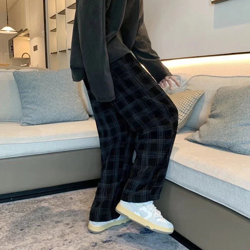 saferido Men Checkered Casual Pants Loose Straight Corduroy Pants Sweatpants Man Fashion Streetwear Spring New Hip Hop Trousers