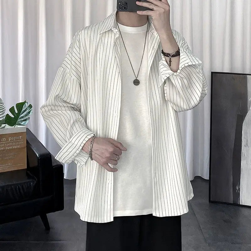New Spring and Autumn Fashion Hong Kong Style Polo Neck Stripe Casual Loose Fashion Versatile Long Sleeve Men's Thin Shirt