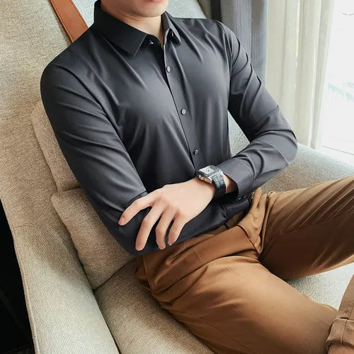 saferido Men Spring High Quality Business Shirts/Male Slim Fit Solid Color Ice silk With Long Sleeves Shirts/Man Casual Dress Shirts