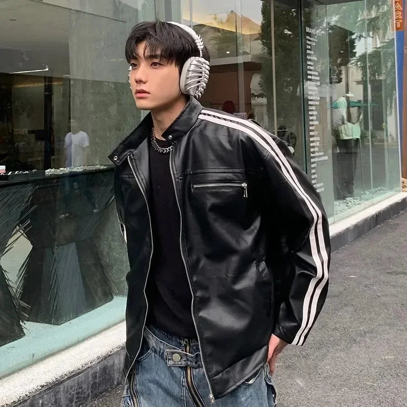Retro Leather Jacket Men Women American Patchwork Strip Racing Outerwear Loose Hip Hop Zippers Brown PU Coat Streetwear Spring