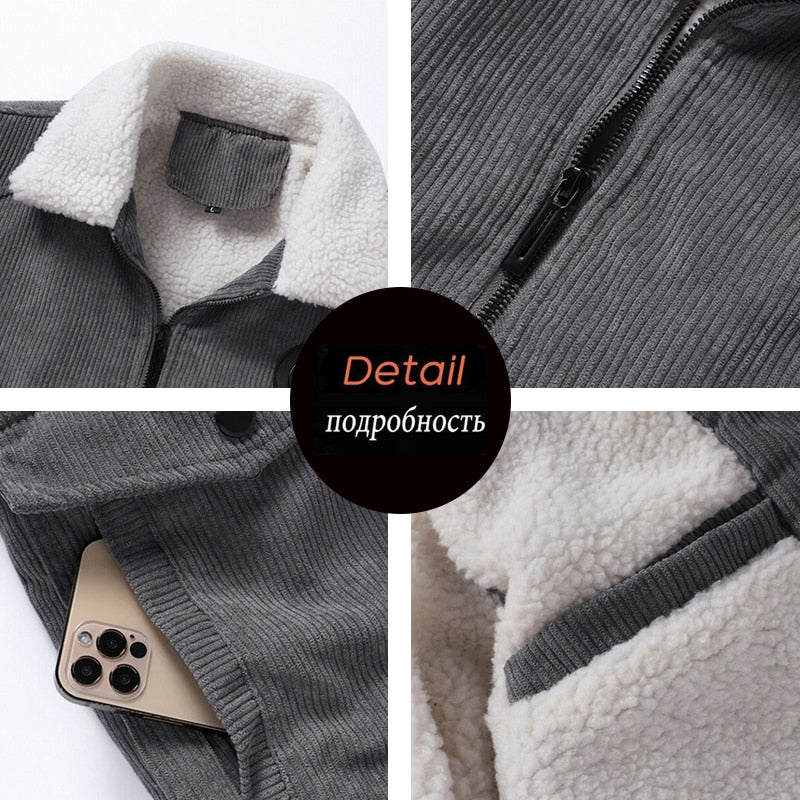 Plus 8XL Autumn Winter Men Warm Fleece Warm Thick Jackets Coats Men Fashion Fur Collar Corduroy Military Casual Jacket Coat Male