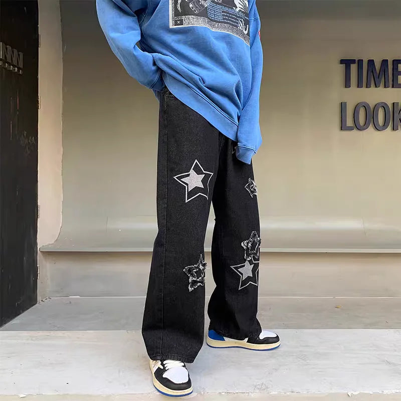 saferido Men Jeans Stars 2024 New Spring Vintage Y2K Simple Casual Loose Fashion Straight Wide Leg Oversize Pants Male Hip Hop Trousers