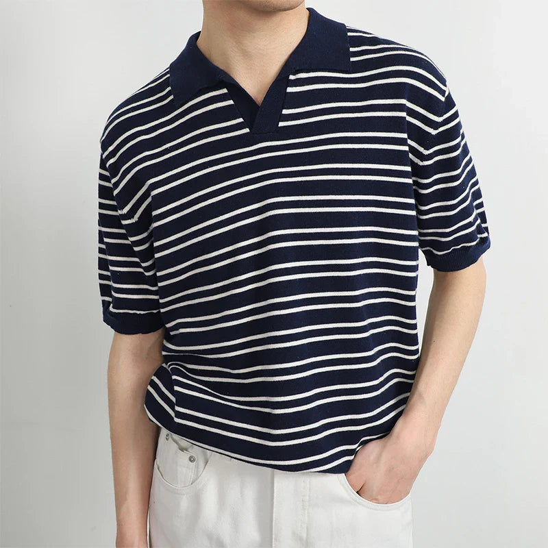 Summer Men's Clothing Light Luxury Knitted Polo Shirt Leisure Striped V-Neck Solid Color Short Sleeve Fashion Retro Knitwear