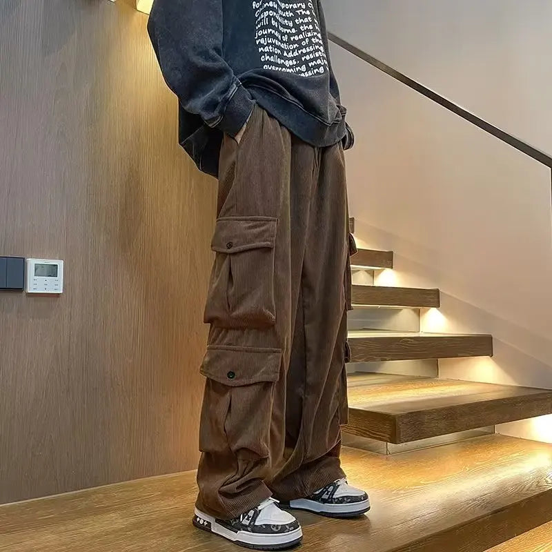 saferido Men's Casual Pants Loose Straight Corduroy Pants Elastic Waist Sweatpants Fashion Streetwear Spring Men Sports Jogger Trousers