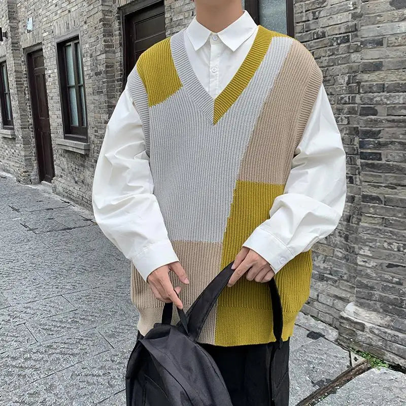saferido Autumn New Sleeveless Knit Vest Geometric Pattern Pullovers Men's Cashmere Sweater Yellow Oversize Knitted Preppy Style Tops
