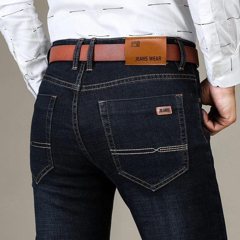 Men's Brand Stretch Jeans Business Casual Slim Fit Denim Pants Black Blue Trousers Jeans Male