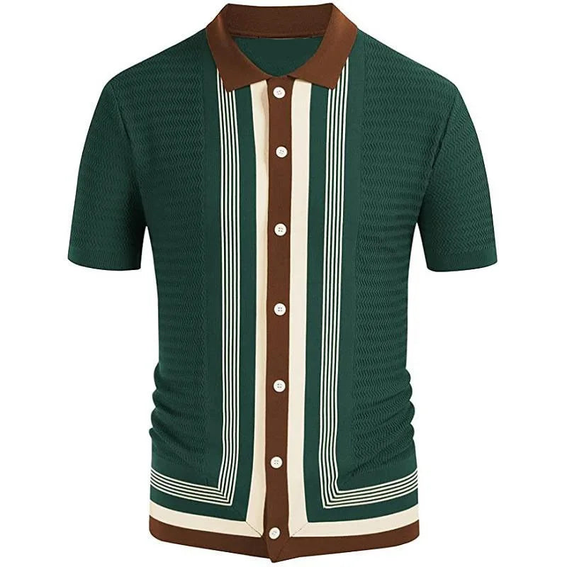 Men's Summer Casual Stripe Shirts Knitted Vintage British Breathable Patchwork Short Sleeve Jacquard Business Polo Shirt