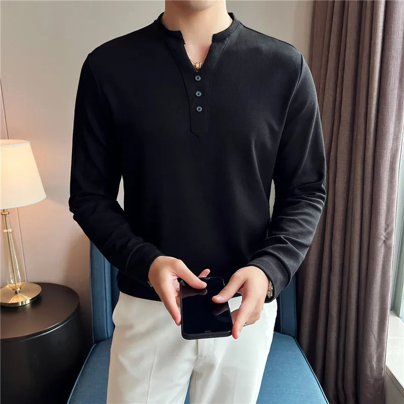 saferido British Style Men's Summer Casual Long Sleeve V-Neck T-Shirts/Male Slim Fit High Quality T-Shirt Tees Plus size S-4XL