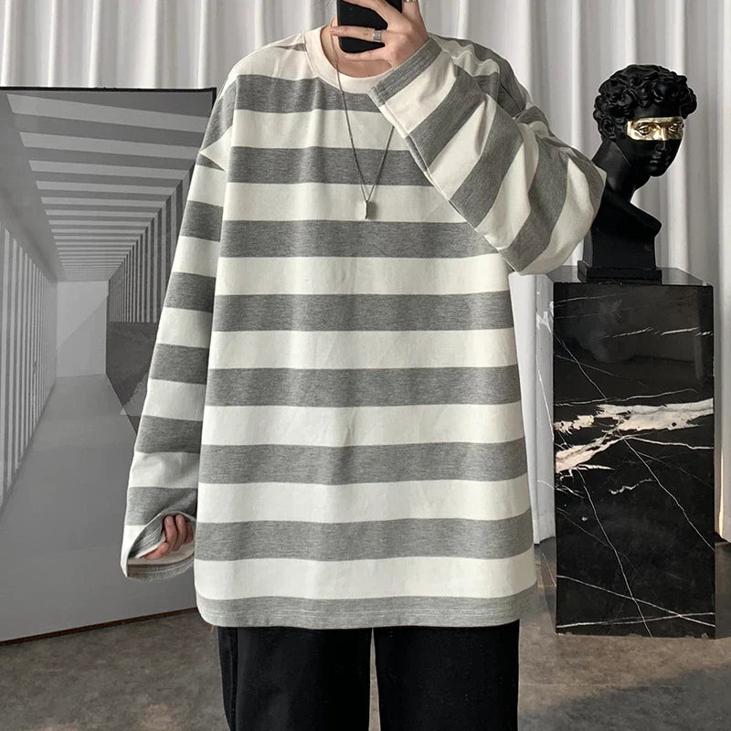 saferido Spring Mens Stripe Tops Tees Harajuku Long Sleeve T Shirts Casual High Quality Unisex Tshirt