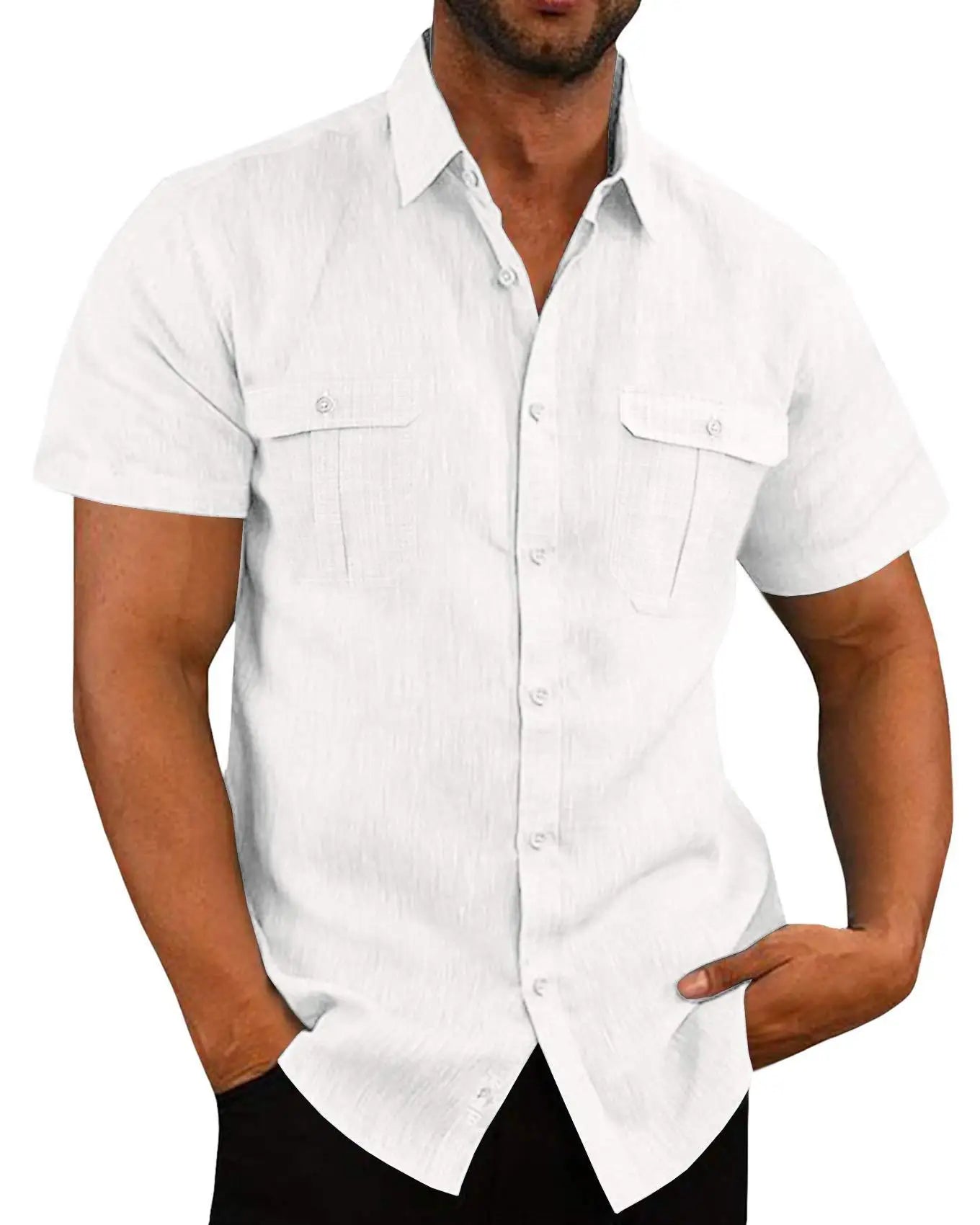 Men Short-Sleeved Shirts Summer Solid Color Stand-Up Collar Casual Beach Style Plus SizeMale Cotton Linen Shirts M-5XL