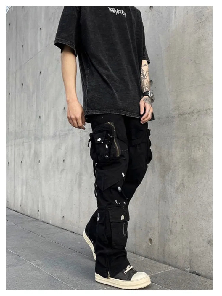 saferido Street Strap Speckled Ink Pocket Stereoscopic Cut Micro Horn Workwear Pants Hip Hop High Street Punk y2k streetwear Stacked Casual Pants