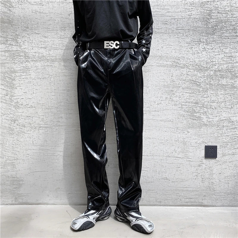 saferido British Style Net Trend Personality Streetwear Bright PU Leather Trousers Side Tight Waist Loose Casual Pants Men's S-2XL