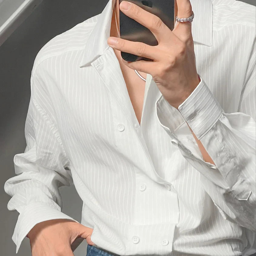 High-end Simple Striped Double Breasted Shirt for Men Autumn New Korean Style Trendy Solid Color Long Sleeves Men's Social Shirt