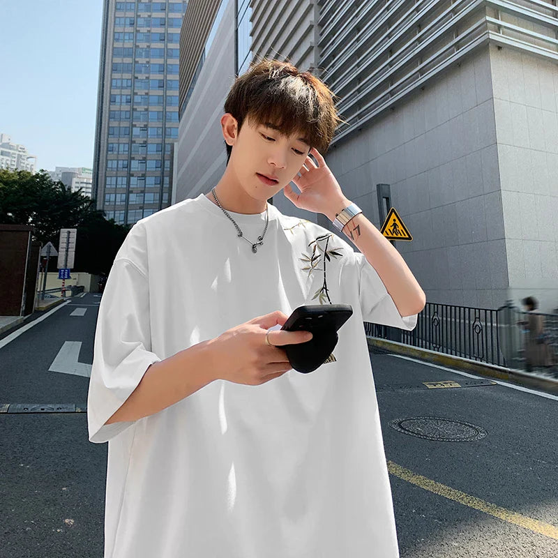 saferido Bamboo Embroidered T Shirt Men Harajuku Streetwear T-Shirts Summer Short Sleeve Black White Loose Casual Tshirt Tees Top