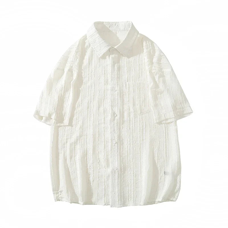 saferido Spring Summer Men's Solid Shirts Short Sleeve Harajuku Style Cardigan Casual Blouses Male Plus Size Lapel Shirt